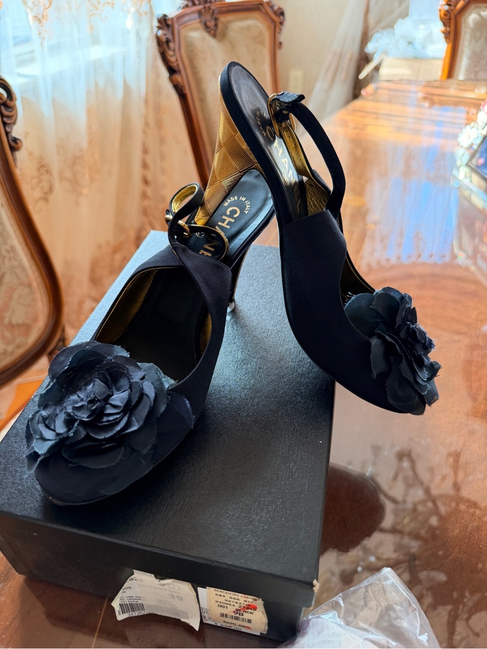 Authentic CHANEL slingback pumps  Heels with camellia Sz 10.0